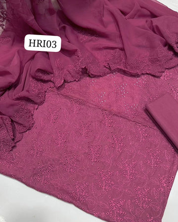 Stuff Classic Lawn Front Jaal Boring Work  Shirt,Plain Trouser Along With Chiffon  2 Side Border Cutwork Boring Work Embroided  Dupatta 3pcs Dres